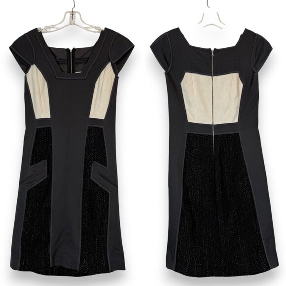 Italian Sheath Dress Wool Cashmere Color Block Gray Black Cream Designer 4 - Picture 13 of 13